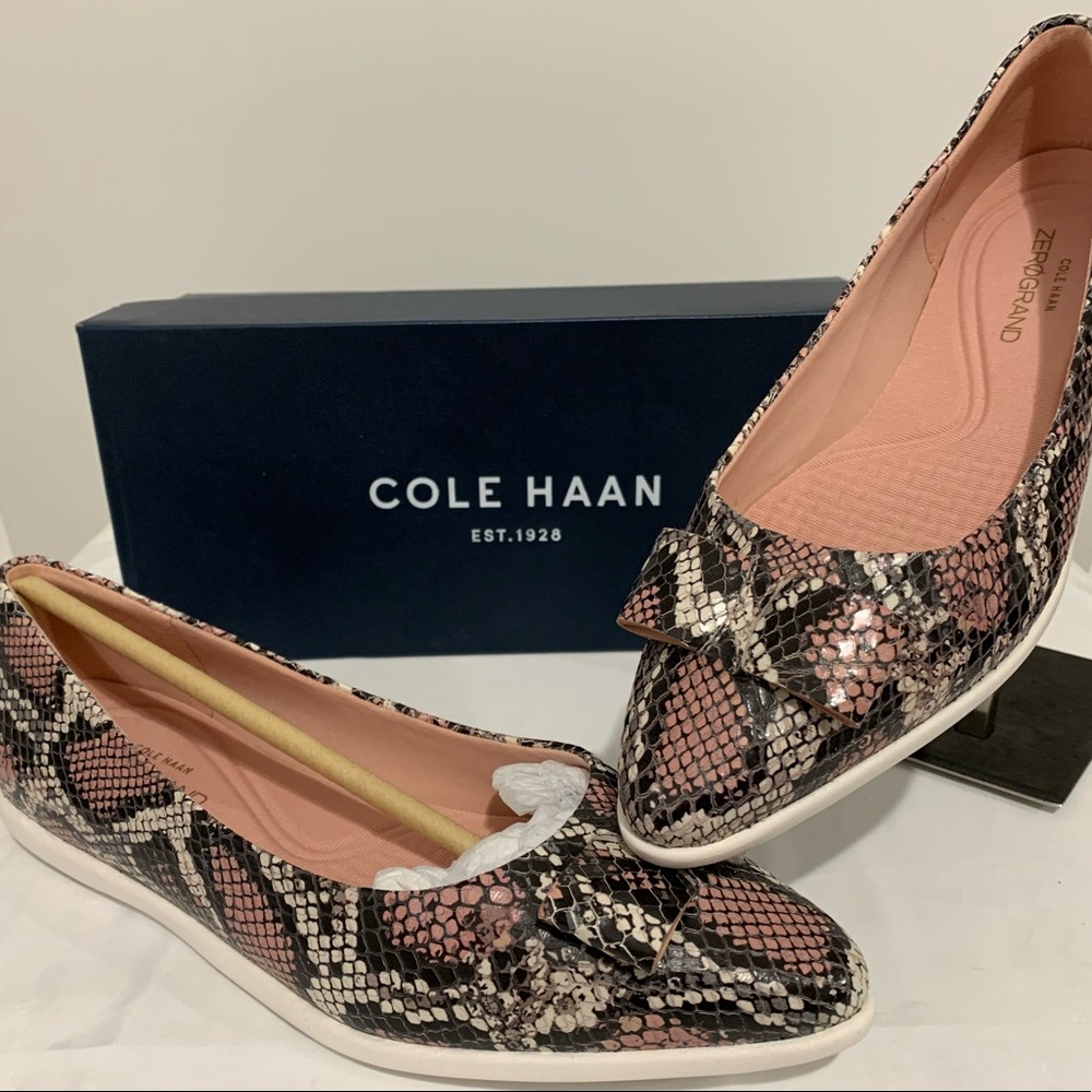 NIB COLE HAAN Zero Grand Bow Skimmer in Black/Pink Snake Print (Sz 6.5)!
